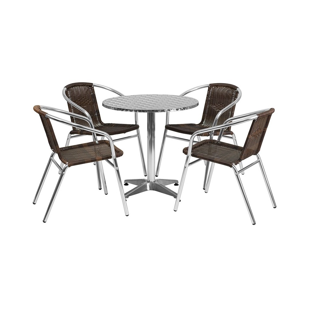 27.5'' Round Aluminum Indoor-Outdoor Table Set with 4 Dark Brown Rattan Chairs