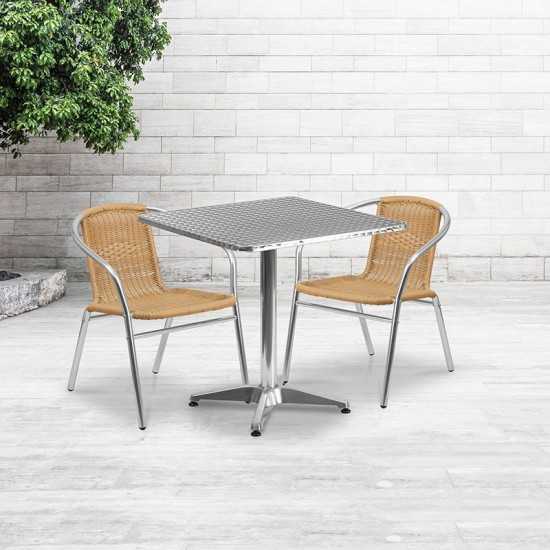 27.5'' Square Aluminum Indoor-Outdoor Table Set with 2 Beige Rattan Chairs