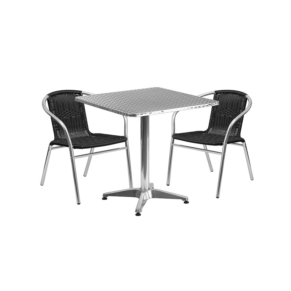 27.5'' Square Aluminum Indoor-Outdoor Table Set with 2 Black Rattan Chairs