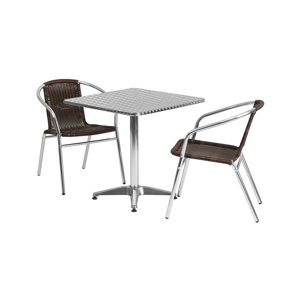 27.5'' Square Aluminum Indoor-Outdoor Table Set with 2 Dark Brown Rattan Chairs 27.5'' Square Aluminum Indoor-Outdoor Table Set with 2 Dark Brown Rattan Chairs