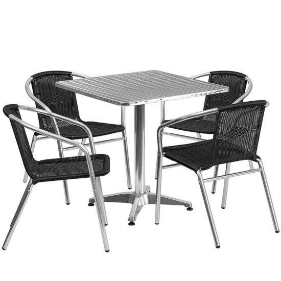 27.5'' Square Aluminum Indoor-Outdoor Table Set with 4 Black Rattan Chairs