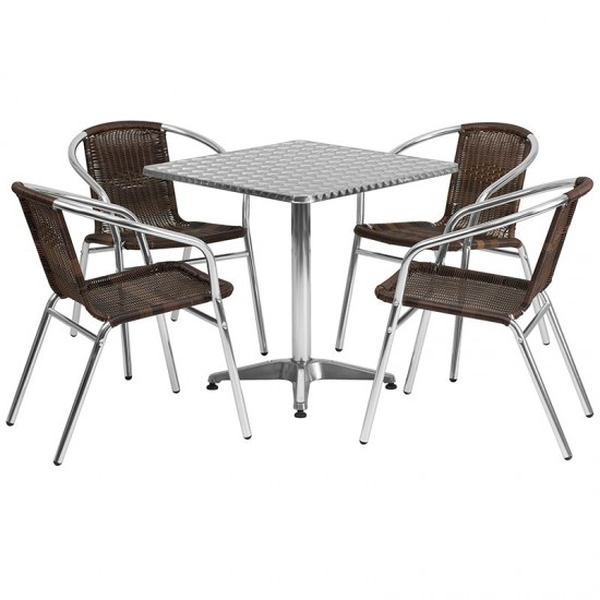 27.5'' Square Aluminum Indoor-Outdoor Table Set with 4 Dark Brown Rattan Chairs