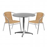 31.5'' Round Aluminum Indoor-Outdoor Table Set with 2 Beige Rattan Chairs