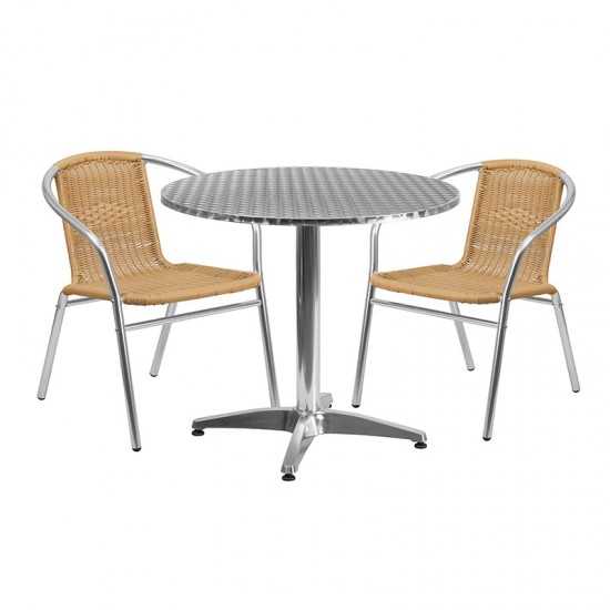 31.5'' Round Aluminum Indoor-Outdoor Table Set with 2 Beige Rattan Chairs