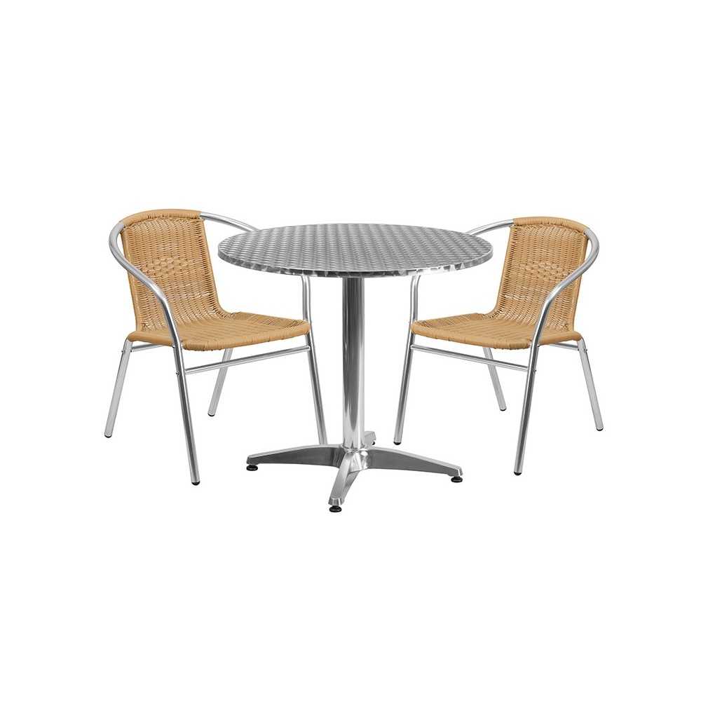 31.5'' Round Aluminum Indoor-Outdoor Table Set with 2 Beige Rattan Chairs