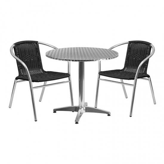 31.5'' Round Aluminum Indoor-Outdoor Table Set with 2 Black Rattan Chairs