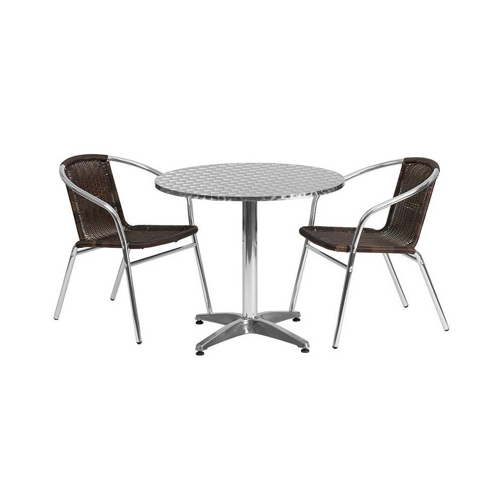 31.5'' Round Aluminum Indoor-Outdoor Table Set with 2 Dark Brown Rattan Chairs