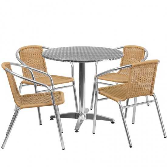 31.5'' Round Aluminum Indoor-Outdoor Table Set with 4 Beige Rattan Chairs