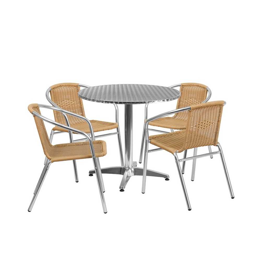 31.5'' Round Aluminum Indoor-Outdoor Table Set with 4 Beige Rattan Chairs