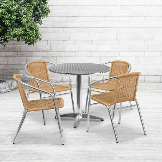 31.5'' Round Aluminum Indoor-Outdoor Table Set with 4 Beige Rattan Chairs