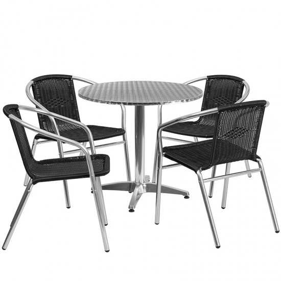 31.5'' Round Aluminum Indoor-Outdoor Table Set with 4 Black Rattan Chairs