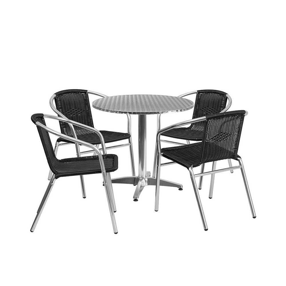 31.5'' Round Aluminum Indoor-Outdoor Table Set with 4 Black Rattan Chairs 31.5'' Round Aluminum Indoor-Outdoor Table Set with 4 Black Rattan Chairs