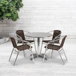 31.5'' Round Aluminum Indoor-Outdoor Table Set with 4 Dark Brown Rattan Chairs