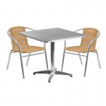 31.5'' Square Aluminum Indoor-Outdoor Table Set with 2 Beige Rattan Chairs