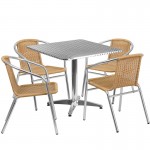 31.5'' Square Aluminum Indoor-Outdoor Table Set with 4 Beige Rattan Chairs