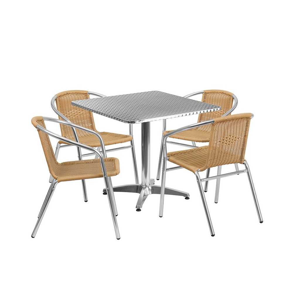 31.5'' Square Aluminum Indoor-Outdoor Table Set with 4 Beige Rattan Chairs