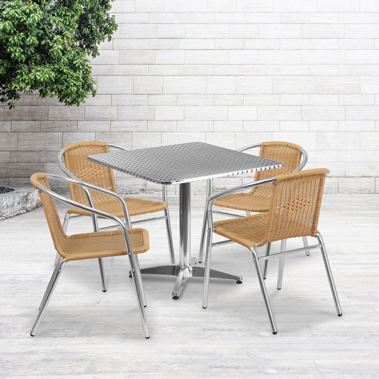 31.5'' Square Aluminum Indoor-Outdoor Table Set with 4 Beige Rattan Chairs