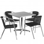 31.5\'\' Square Aluminum Indoor-Outdoor Table Set with 4 Black Rattan Chairs