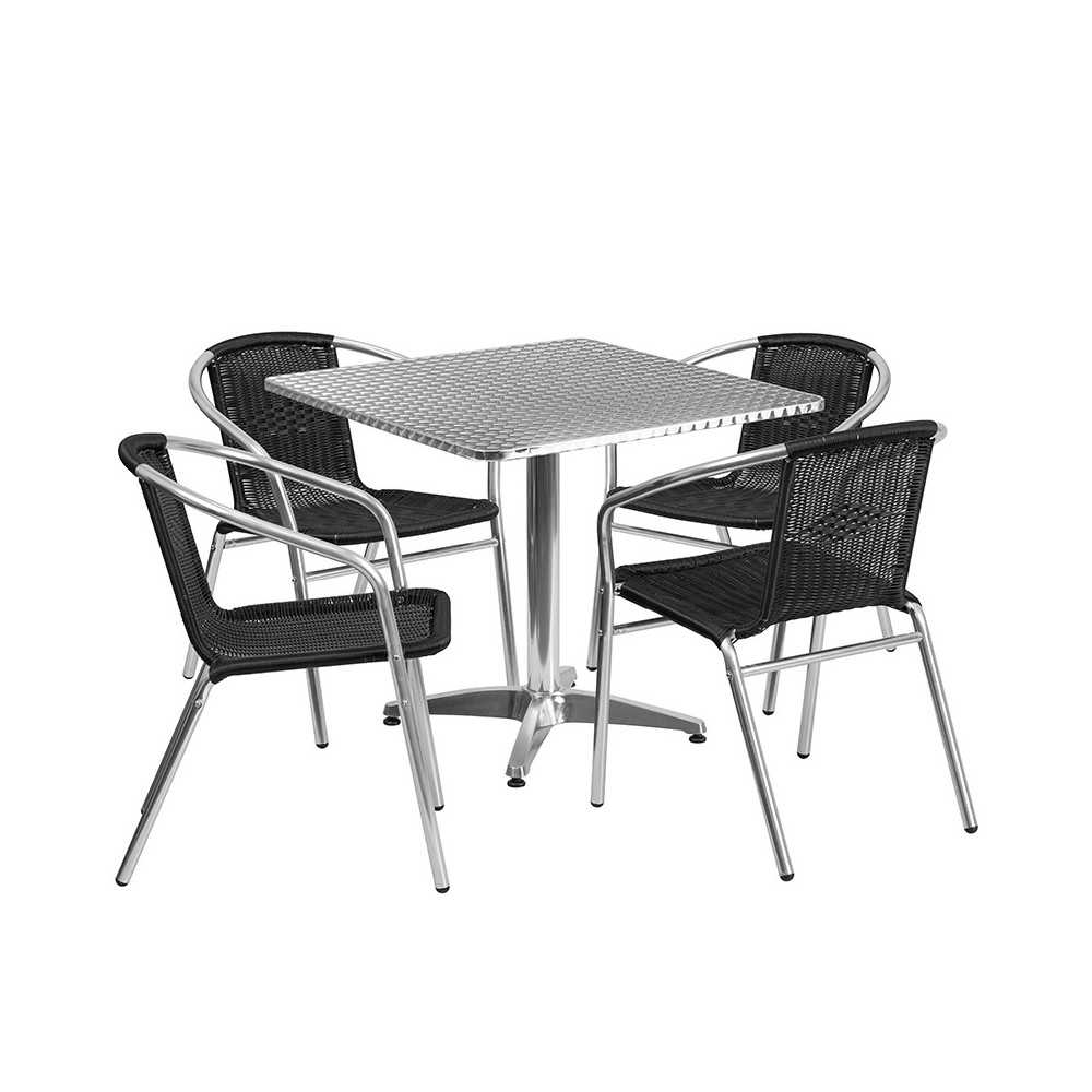 31.5'' Square Aluminum Indoor-Outdoor Table Set with 4 Black Rattan Chairs