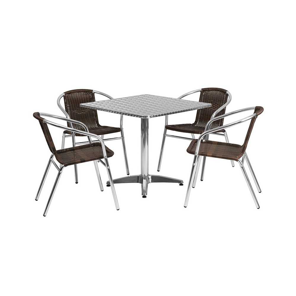 31.5'' Square Aluminum Indoor-Outdoor Table Set with 4 Dark Brown Rattan Chairs