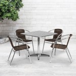 31.5'' Square Aluminum Indoor-Outdoor Table Set with 4 Dark Brown Rattan Chairs