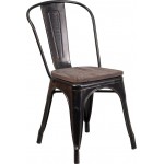 Black-Antique Gold Metal Stackable Chair with Wood Seat