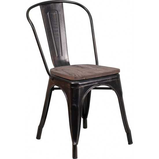 Black-Antique Gold Metal Stackable Chair with Wood Seat