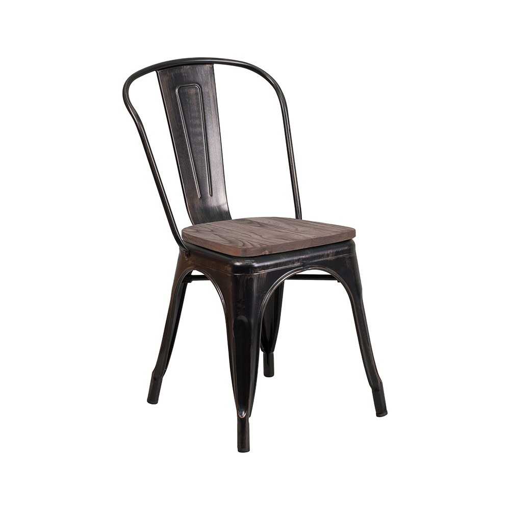 Black-Antique Gold Metal Stackable Chair with Wood Seat