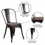 Black-Antique Gold Metal Stackable Chair with Wood Seat