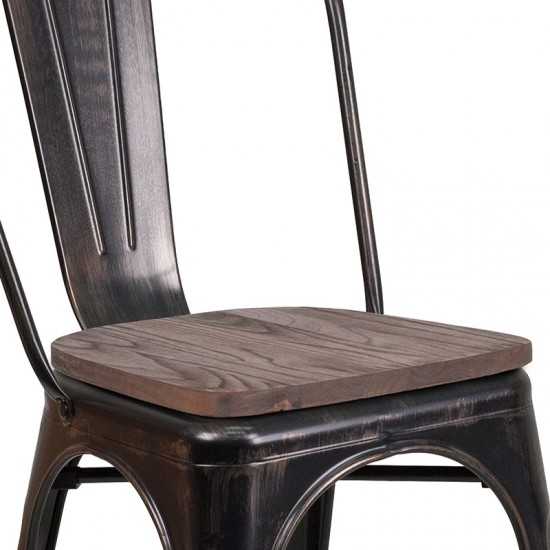 Black-Antique Gold Metal Stackable Chair with Wood Seat