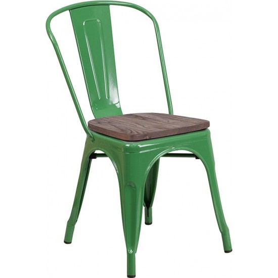 Green Metal Stackable Chair with Wood Seat