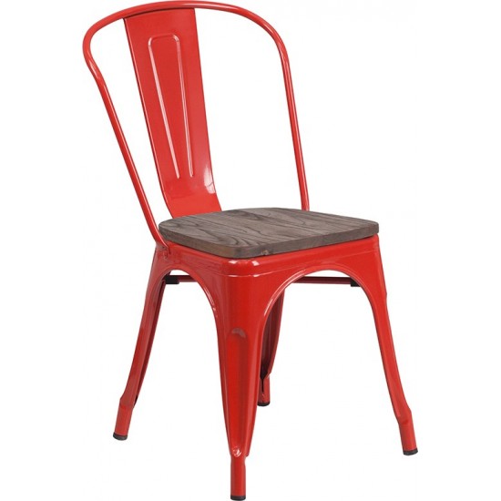 Red Metal Stackable Chair with Wood Seat