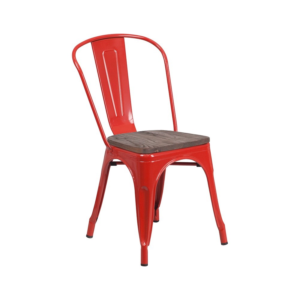 Red Metal Stackable Chair with Wood Seat