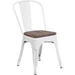 White Metal Stackable Chair with Wood Seat