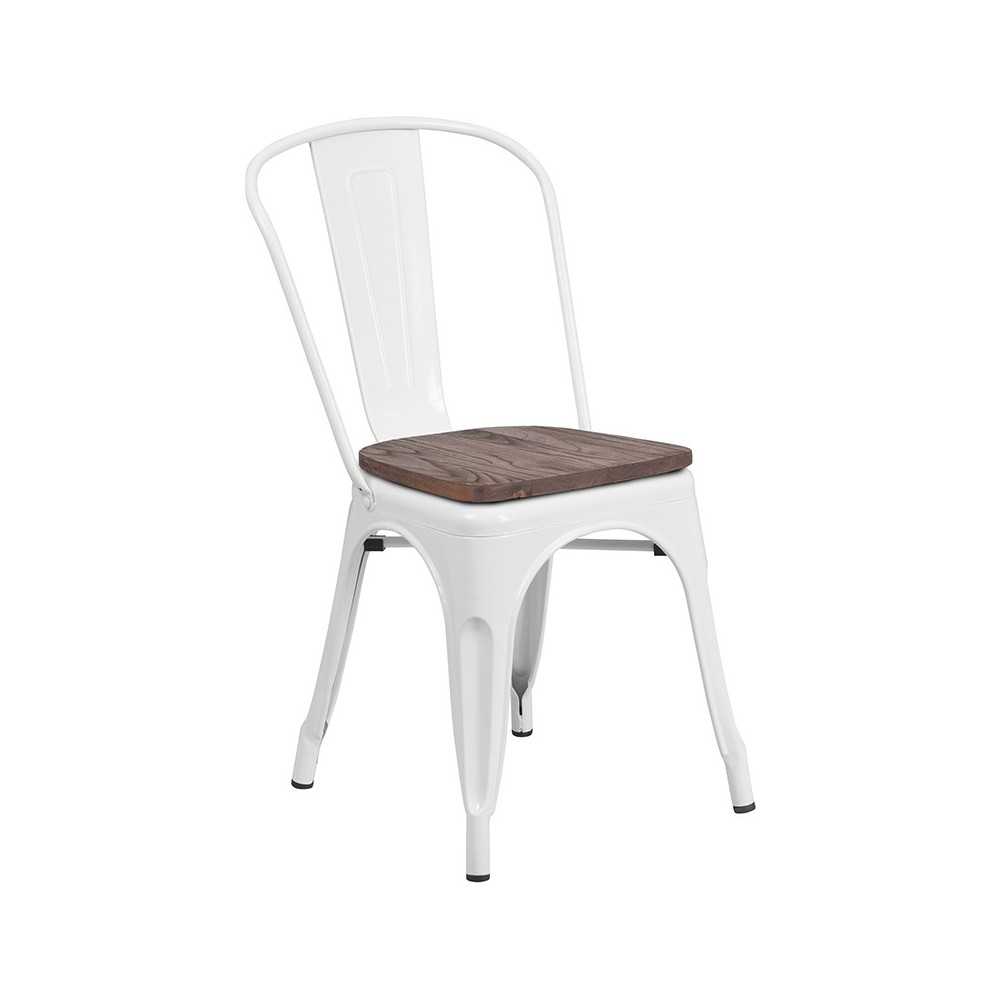 White Metal Stackable Chair with Wood Seat