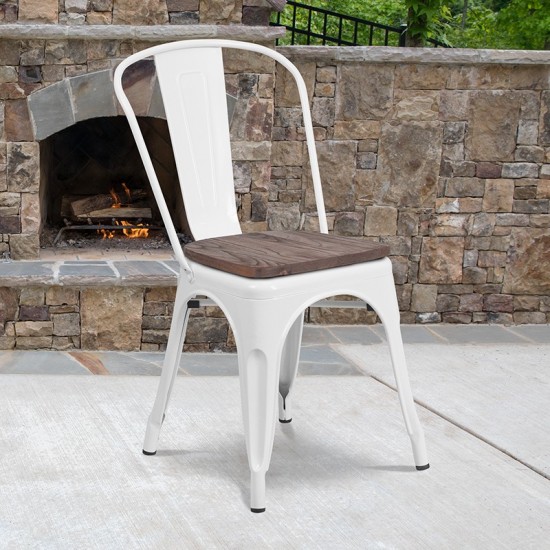 White Metal Stackable Chair with Wood Seat