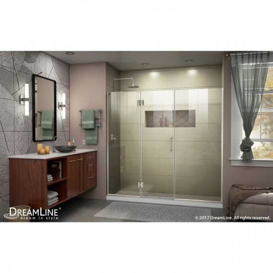 Unidoor-X 61 1/2-62 in. W x 72 in. H Frameless Hinged Shower Door in Brushed Nickel