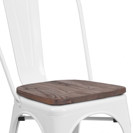 White Metal Stackable Chair with Wood Seat