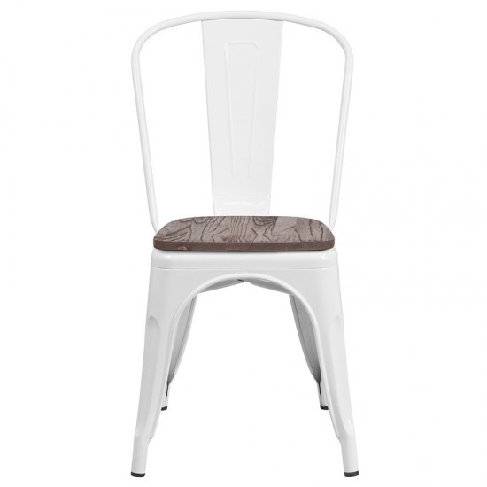 White Metal Stackable Chair with Wood Seat