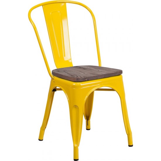 Yellow Metal Stackable Chair with Wood Seat