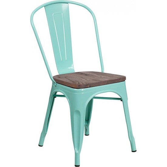 Mint Green Metal Stackable Chair with Wood Seat