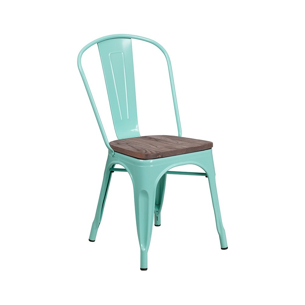 Mint Green Metal Stackable Chair with Wood Seat