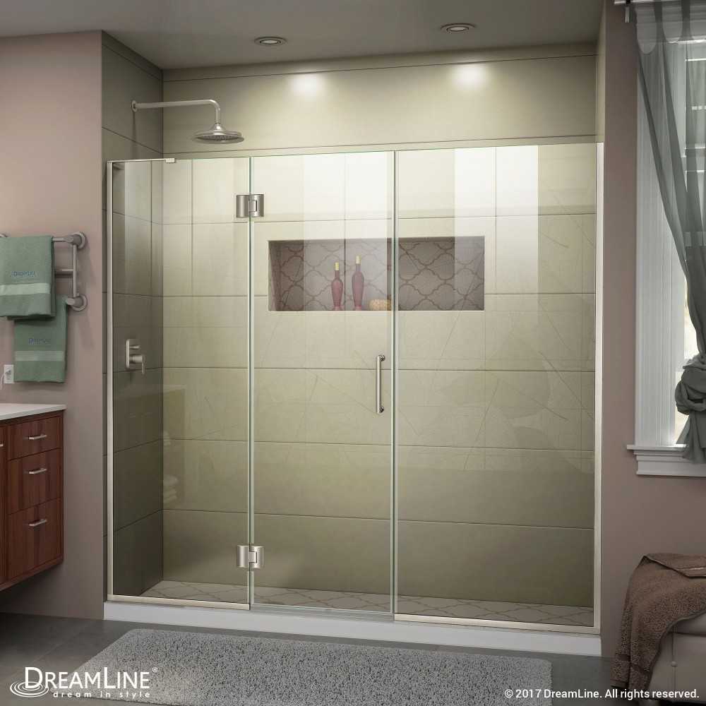 Unidoor-X 66 1/2-67 in. W x 72 in. H Frameless Hinged Shower Door in Brushed Nickel Unidoor-X 66 1/2-67 in. W x 72 in. H Frameless Hinged Shower Door in Brushed Nickel