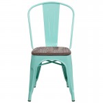 Mint Green Metal Stackable Chair with Wood Seat