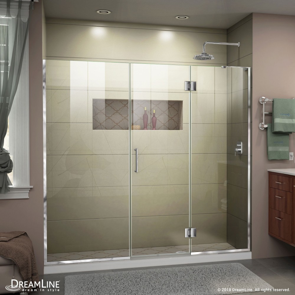 Unidoor-X 64 1/2-65 in. W x 72 in. H Frameless Hinged Shower Door in Chrome