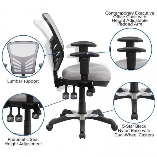 Mid-Back Gray Mesh Multifunction Executive Swivel Ergonomic Office Chair with Adjustable Arms