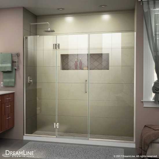 Unidoor-X 68-68 1/2 in. W x 72 in. H Frameless Hinged Shower Door in Brushed Nickel