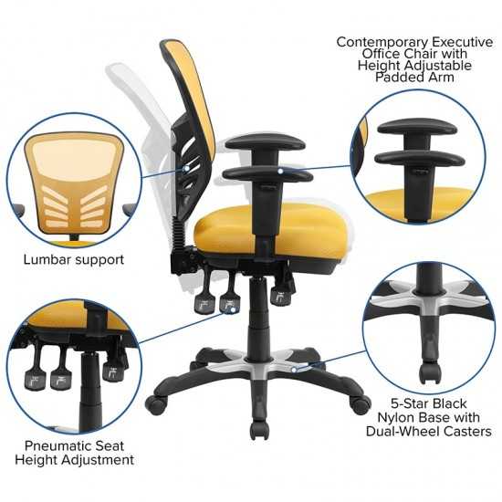 Mid-Back Yellow-Orange Mesh Multifunction Executive Swivel Ergonomic Office Chair with Adjustable Arms