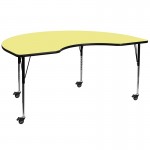 Mobile 48''W x 72''L Kidney Yellow Thermal Laminate Activity Table - Standard Height Adjustable Legs