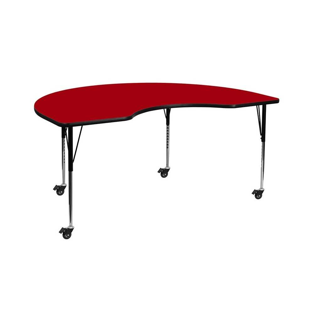 Mobile 48''W x 96''L Kidney Red Thermal Laminate Activity Table - Standard Height Adjustable Legs